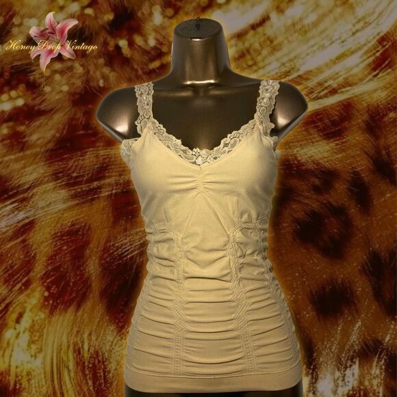 The Unbranded Brand Tops - Y2K Cream Lace Trim Ruched Cami Top